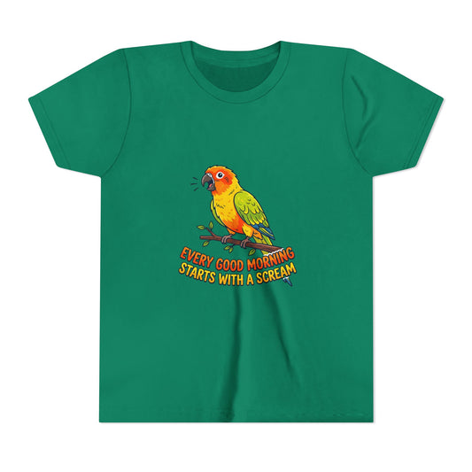 Youth Tee — Colorful Sun Conure Parrot "Every Good Morning Starts With A Scream" Kids Shirt